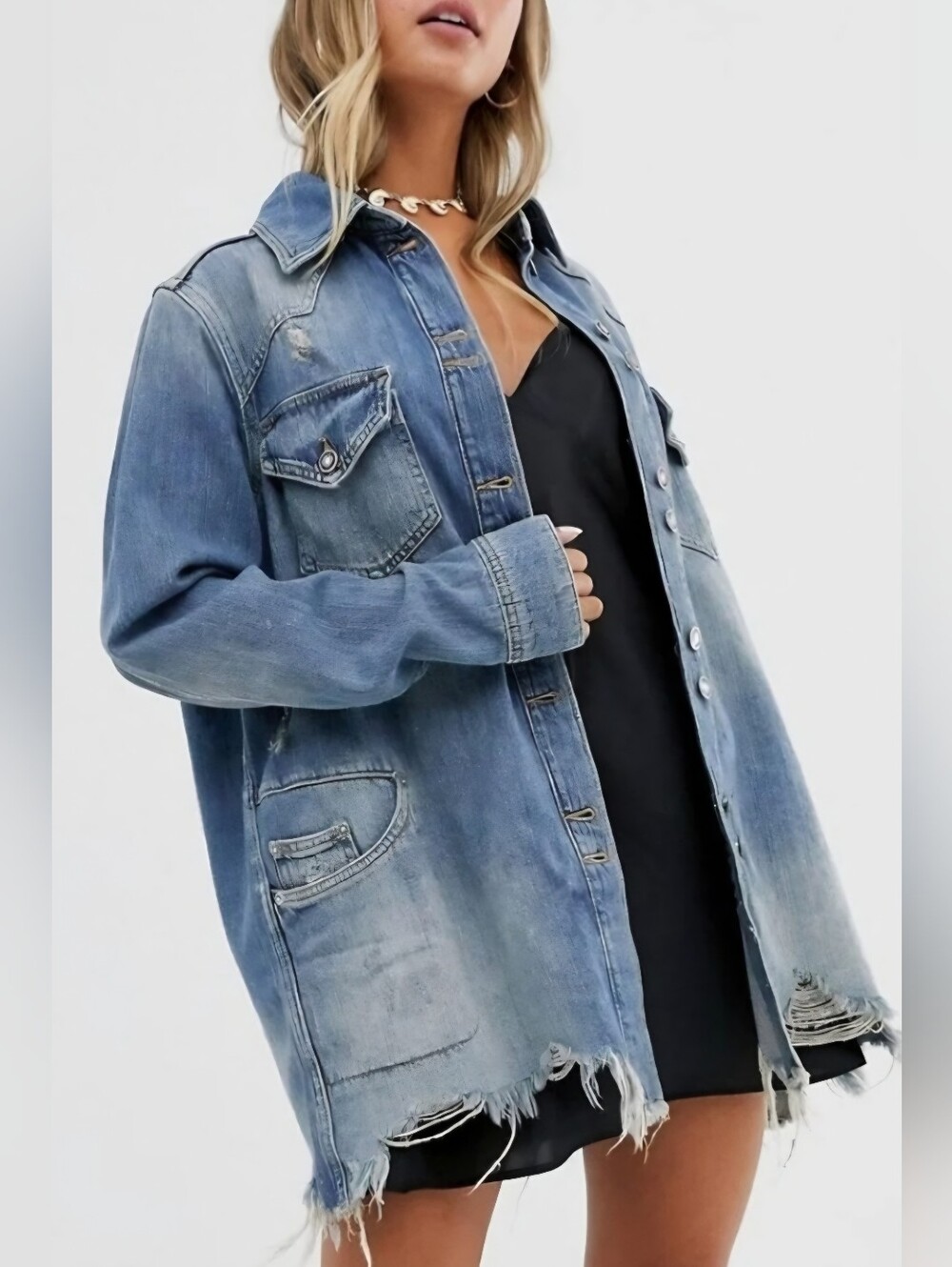 Free People Moonchild Blue Distressed Denim Shirt Jacket